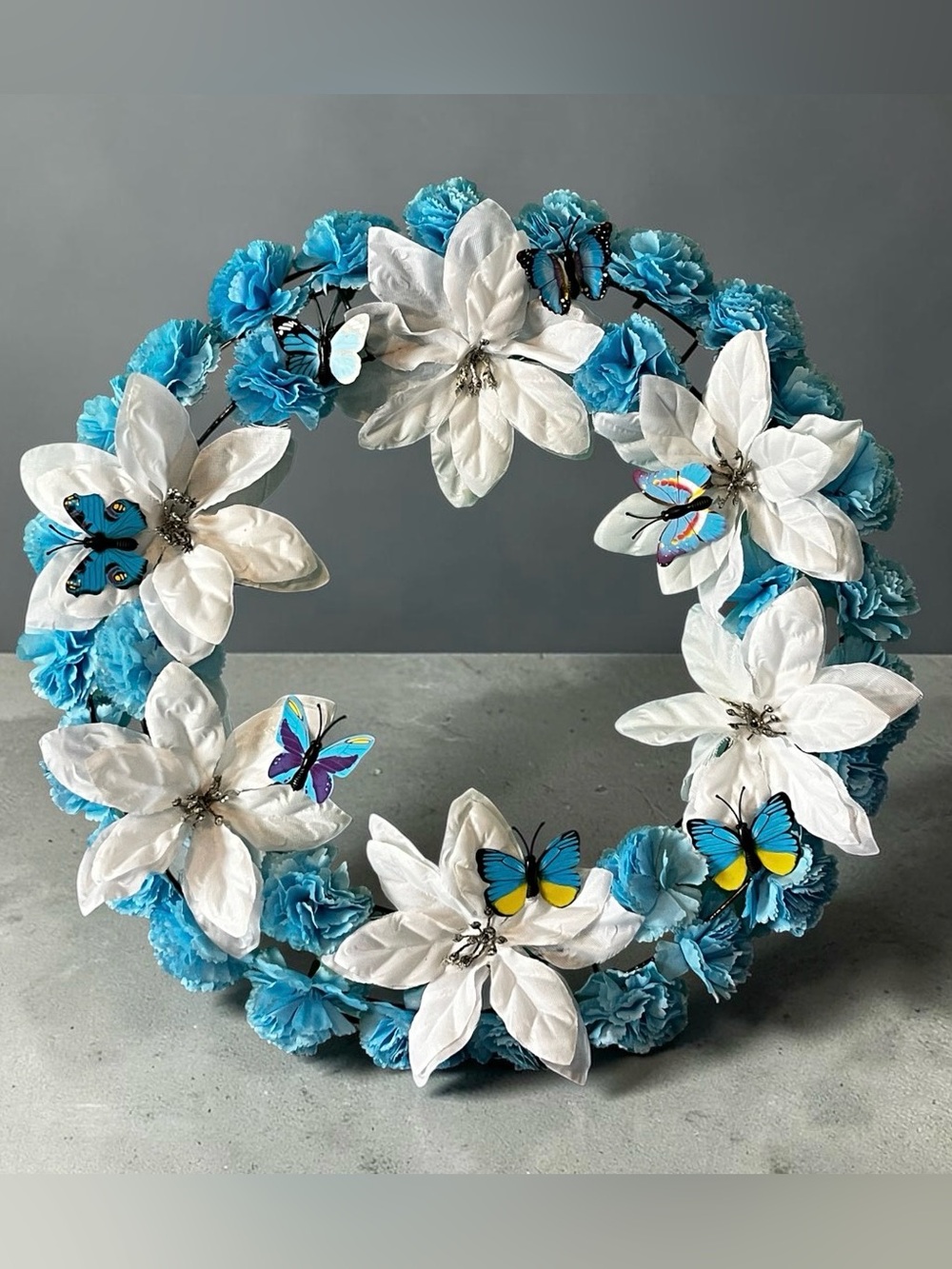 Blue & White Holiday Wreath with Butterfly Accents Hand Crafted - Picture 7 of 16